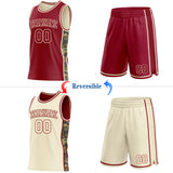 Custom Maroon-Cream Camo Side Panel Stripe Reversible Double Side Sublimation Basketball Set Jersey