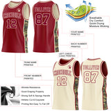Custom Maroon-Cream Camo Side Panel Stripe Reversible Double Side Sublimation Basketball Set Jersey