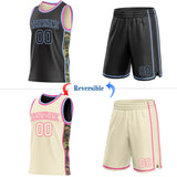 Custom Black(Cream) Light Blue-Pink Camo Side Panel Stripe Reversible Double Side Sublimation Basketball Set Jersey