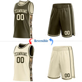 Custom Olive-Cream Woodland Camo Side Panel Stripe Reversible Double Side Sublimation Basketball Set Jersey