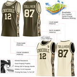 Custom Olive-Cream Woodland Camo Side Panel Stripe Reversible Double Side Sublimation Basketball Set Jersey