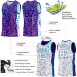 Custom Purple Teal-White Side Panel Stripe Stars Geometric Shatter Starburst Reversible Double Side Sublimation Basketball Set Jersey
