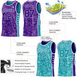 Custom Purple White-Teal Side Panel Stripe Stars Geometric Shatter Starburst Reversible Double Side Sublimation Basketball Set Jersey