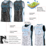 Custom Black Sky Blue-White Side Panel Stripe Stars Geometric Shatter Starburst Reversible Double Side Sublimation Basketball Set Jersey