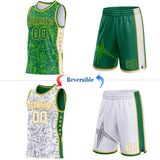 Custom Kelly Green Gold-White Side Panel Stripe Stars Geometric Shatter Starburst Reversible Double Side Sublimation Basketball Set Jersey