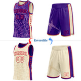 Custom Purple Red-Cream Side Panel Stripe Stars Geometric Shatter Starburst Reversible Double Side Sublimation Basketball Set Jersey