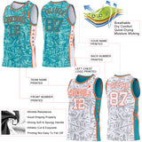 Custom Teal Orange-White Side Panel Stripe Stars Geometric Shatter Starburst Reversible Double Side Sublimation Basketball Set Jersey