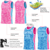 Custom Pink White-Sky Blue Side Panel Stripe Stars Geometric Shatter Starburst Reversible Double Side Sublimation Basketball Set Jersey