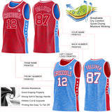 Custom Red White-Powder Blue Side Panel Stripe Stars Geometric Shatter Starburst Reversible Double Side Sublimation Basketball Set Jersey