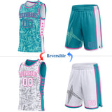 Custom Teal Pink-White Side Panel Stripe Stars Geometric Shatter Starburst Reversible Double Side Sublimation Basketball Set Jersey