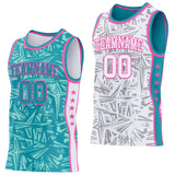 Custom Teal Pink-White Side Panel Stripe Stars Geometric Shatter Starburst Reversible Double Side Sublimation Basketball Set Jersey