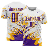 Custom White Purple-Gold Abstract Fragment Art Splash Sports Sublimation Soccer Uniform Jersey
