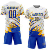 Custom White Thunder Blue-Gold Abstract Fragment Art Splash Sports Sublimation Soccer Uniform Jersey