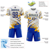 Custom White Thunder Blue-Gold Abstract Fragment Art Splash Sports Sublimation Soccer Uniform Jersey