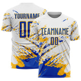Custom White Thunder Blue-Gold Abstract Fragment Art Splash Sports Sublimation Soccer Uniform Jersey
