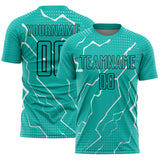 Custom Aqua Black-White Lightning Sports Sublimation Soccer Uniform Jersey