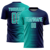 Custom Navy Aqua-White Gradient Line Sublimation Soccer Uniform Jersey