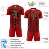 Custom Red Black-Old Gold Stripe Line Sublimation Soccer Uniform Jersey