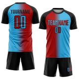 Custom Sky Blue Red-Black Sublimation Gradient Fashion Soccer Uniform Jersey