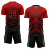 Custom Red Black Gradient Arrow Geometric Shapes Sublimation Soccer Uniform Jersey