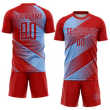 Custom Red Light Blue Line Sublimation Soccer Uniform Jersey