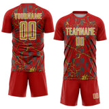 Custom Red Old Gold-White Lightning Sublimation Soccer Uniform Jersey