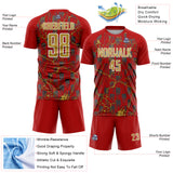 Custom Red Old Gold-White Lightning Sublimation Soccer Uniform Jersey
