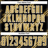 Custom Black Old Gold-White Abstract Fragment Art Splash Sublimation Soccer Uniform Jersey