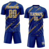 Custom Royal Old Gold-White Abstract Fragment Art Splash Sublimation Soccer Uniform Jersey