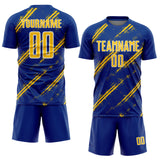 Custom Royal Yellow-White Abstract Fragment Art Splash Sublimation Soccer Uniform Jersey