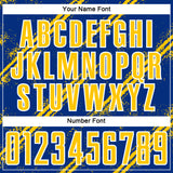 Custom Royal Yellow-White Abstract Fragment Art Splash Sublimation Soccer Uniform Jersey