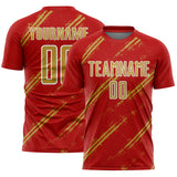 Custom Red Old Gold-White Abstract Fragment Art Splash Sublimation Soccer Uniform Jersey