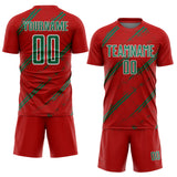 Custom Red Kelly Green-White Abstract Fragment Art Splash Sublimation Soccer Uniform Jersey