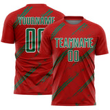 Custom Red Kelly Green-White Abstract Fragment Art Splash Sublimation Soccer Uniform Jersey