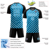 Custom Black Sky Blue-White Lines Sublimation Soccer Uniform Jersey