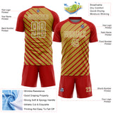 Custom Red Old Gold-White Lines Sublimation Soccer Uniform Jersey