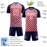 Custom Navy Medium Pink-White Lines Sublimation Soccer Uniform Jersey