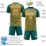Custom Teal Old Gold-White Lines Sublimation Soccer Uniform Jersey