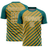 Custom Teal Old Gold-White Lines Sublimation Soccer Uniform Jersey