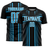 Custom Black Sky Blue-White Lines Sublimation Soccer Uniform Jersey
