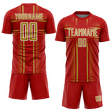 Custom Red Old Gold-White Lines Sublimation Soccer Uniform Jersey