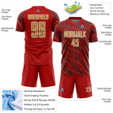 Custom Red Old Gold-White Slant Lines Sports Sublimation Soccer Uniform Jersey
