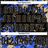Custom Black Vegas Gold-Royal Fluid Art Splash Sublimation Soccer Uniform Jersey