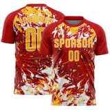 Custom Red Gold-White Fluid Art Splash Sublimation Soccer Uniform Jersey
