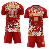 Custom Red Old Gold-White Fluid Art Splash Sublimation Soccer Uniform Jersey