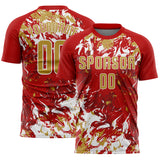 Custom Red Old Gold-White Fluid Art Splash Sublimation Soccer Uniform Jersey