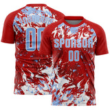 Custom Red Light Blue-White Fluid Art Splash Sublimation Soccer Uniform Jersey