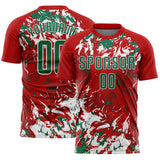 Custom Red Kelly Green-White Fluid Art Splash Sublimation Soccer Uniform Jersey
