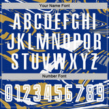 Custom Figure White Royal-Old Gold Fluid Art Splash Sublimation Soccer Uniform Jersey
