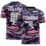Custom Figure White Navy-Medium Pink Fluid Art Splash Sublimation Soccer Uniform Jersey